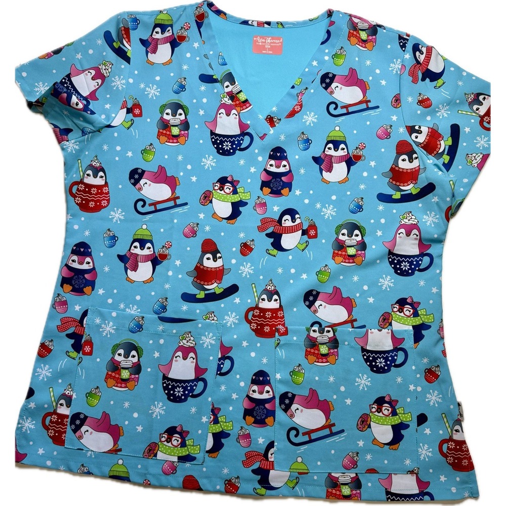 Ava Therese Winter Penguin Scrub Top Women's Large Christmas Holiday 2 Pocket‎